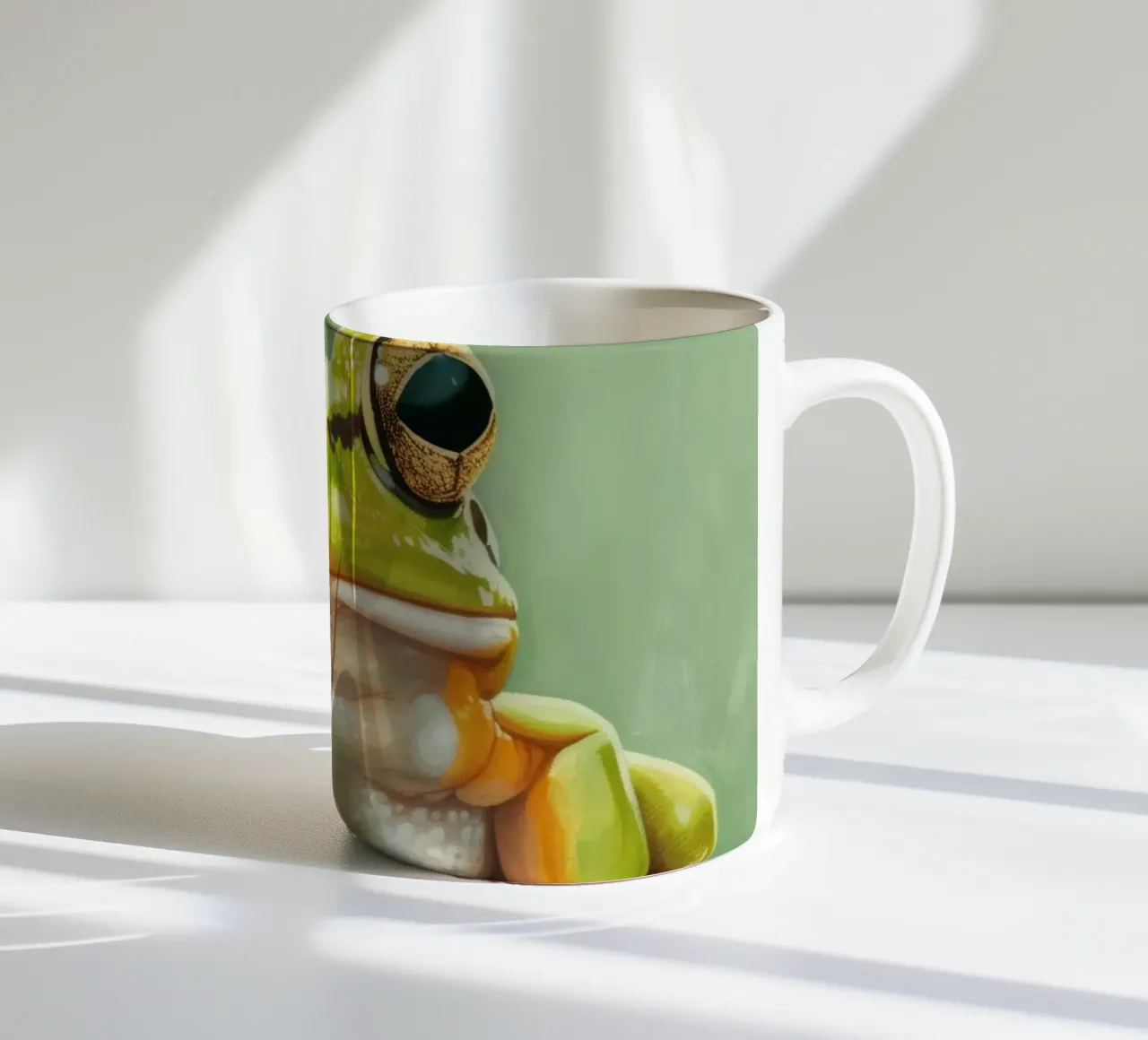 Rana verde seduta su una superficie liscia con occhi suggestivi tazza in ceramica da DesignDoodle
