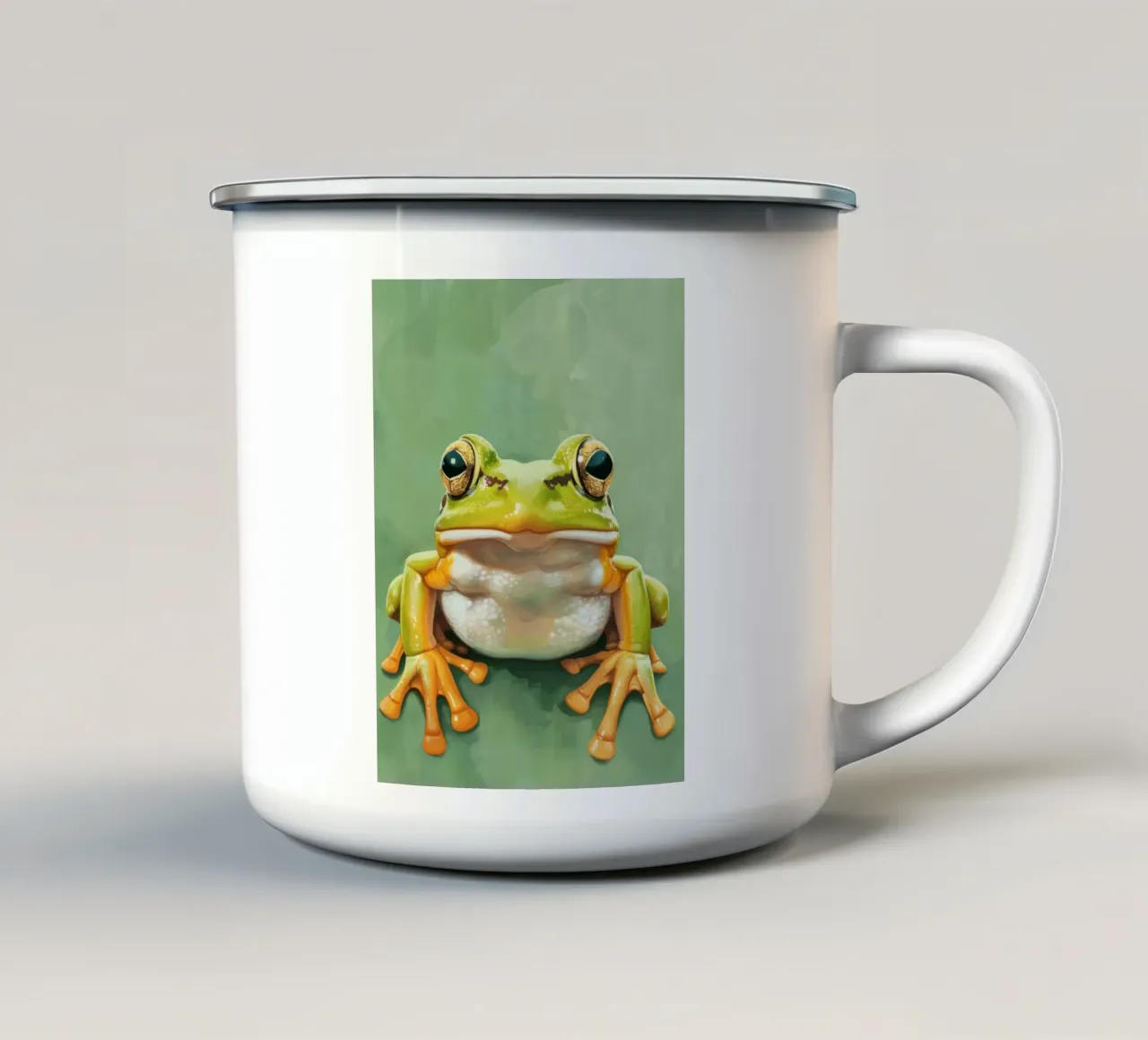 Rana verde seduta su una superficie liscia con occhi suggestivi tazza in smalto da DesignDoodle
