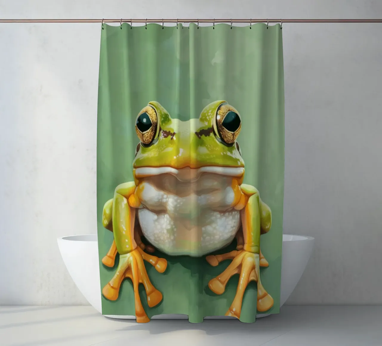 Groene kikker zittend op een glad oppervlak met opvallende ogen douchegordijn van DesignDoodle