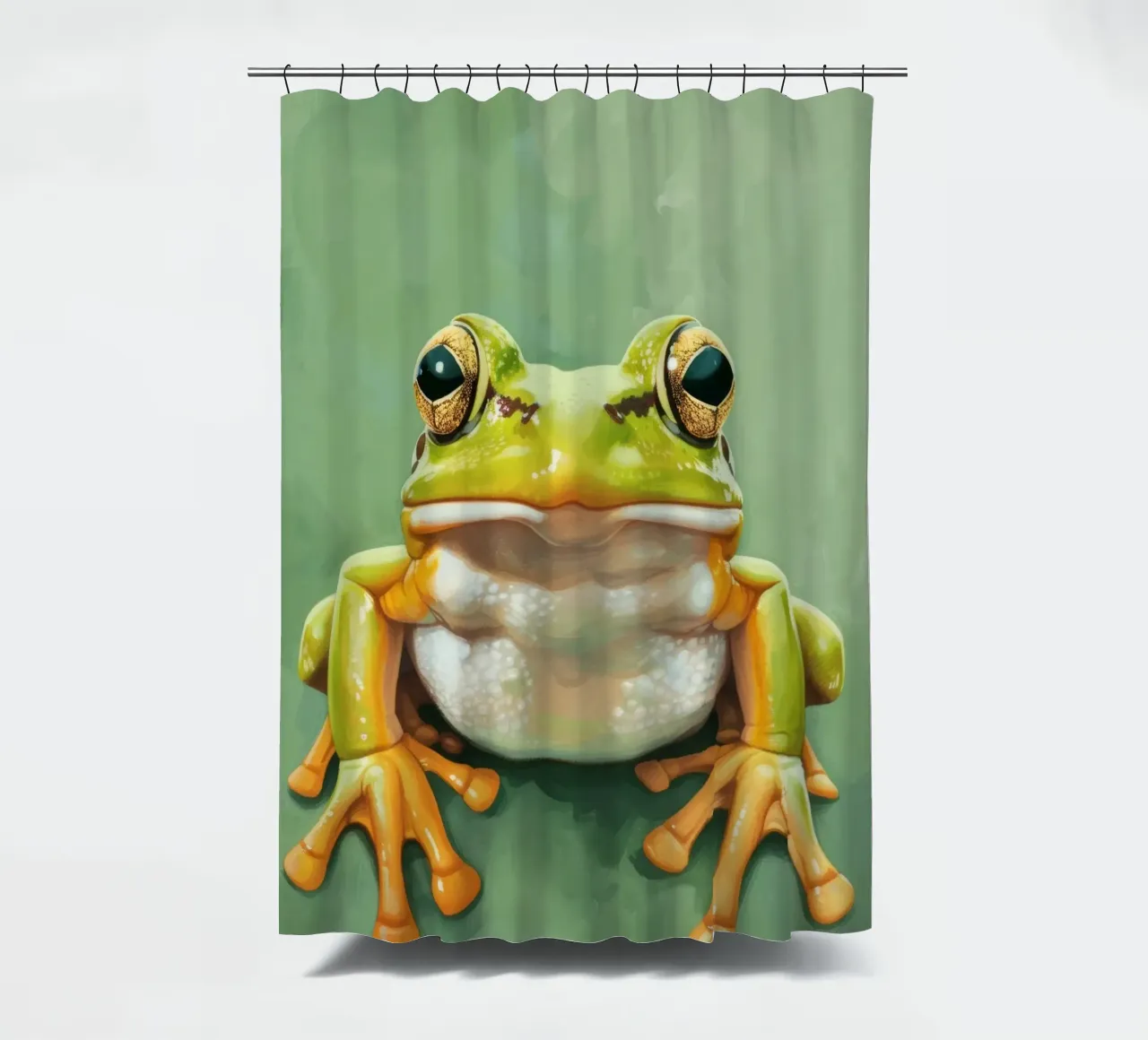 Groene kikker zittend op een glad oppervlak met opvallende ogen douchegordijn van DesignDoodle