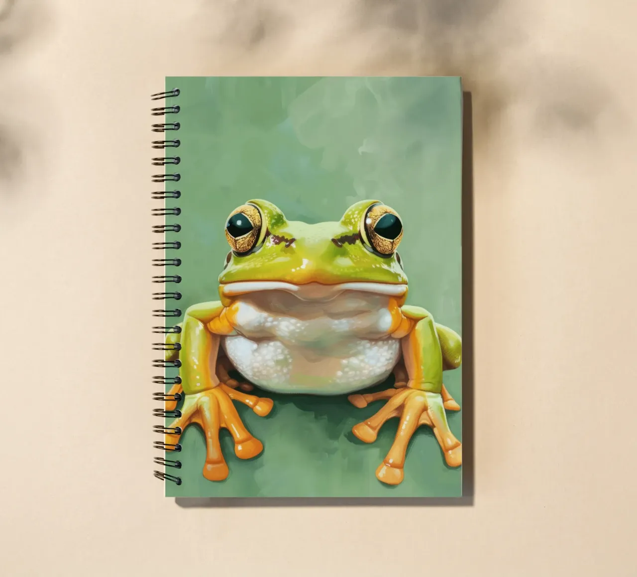 Green frog sitting on a smooth surface with striking eyes spiral notebook by DesignDoodle