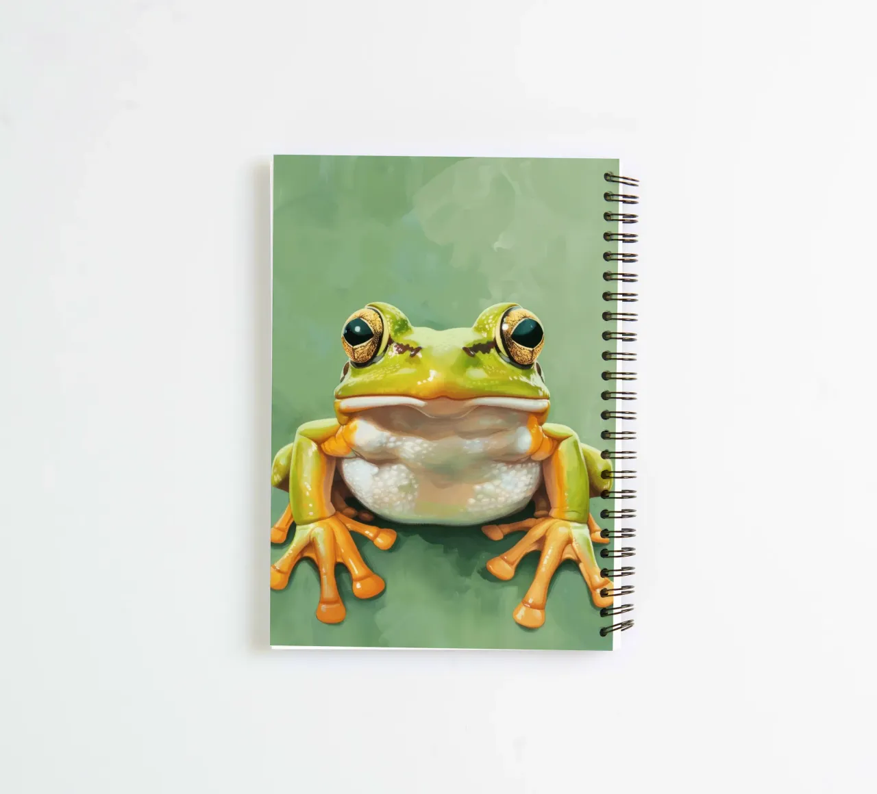Green frog sitting on a smooth surface with striking eyes spiral notebook by DesignDoodle