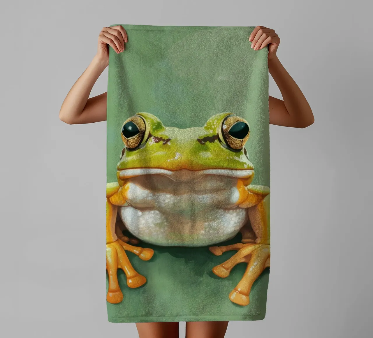 Green frog sitting on a smooth surface with striking eyes towel by DesignDoodle