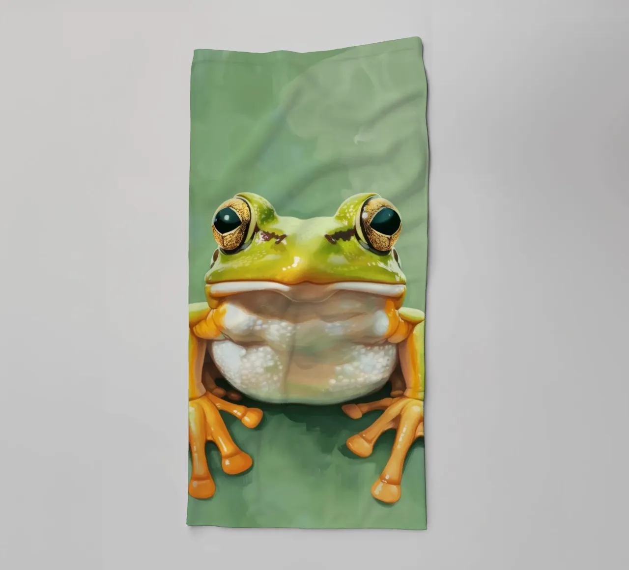 Green frog sitting on a smooth surface with striking eyes towel by DesignDoodle