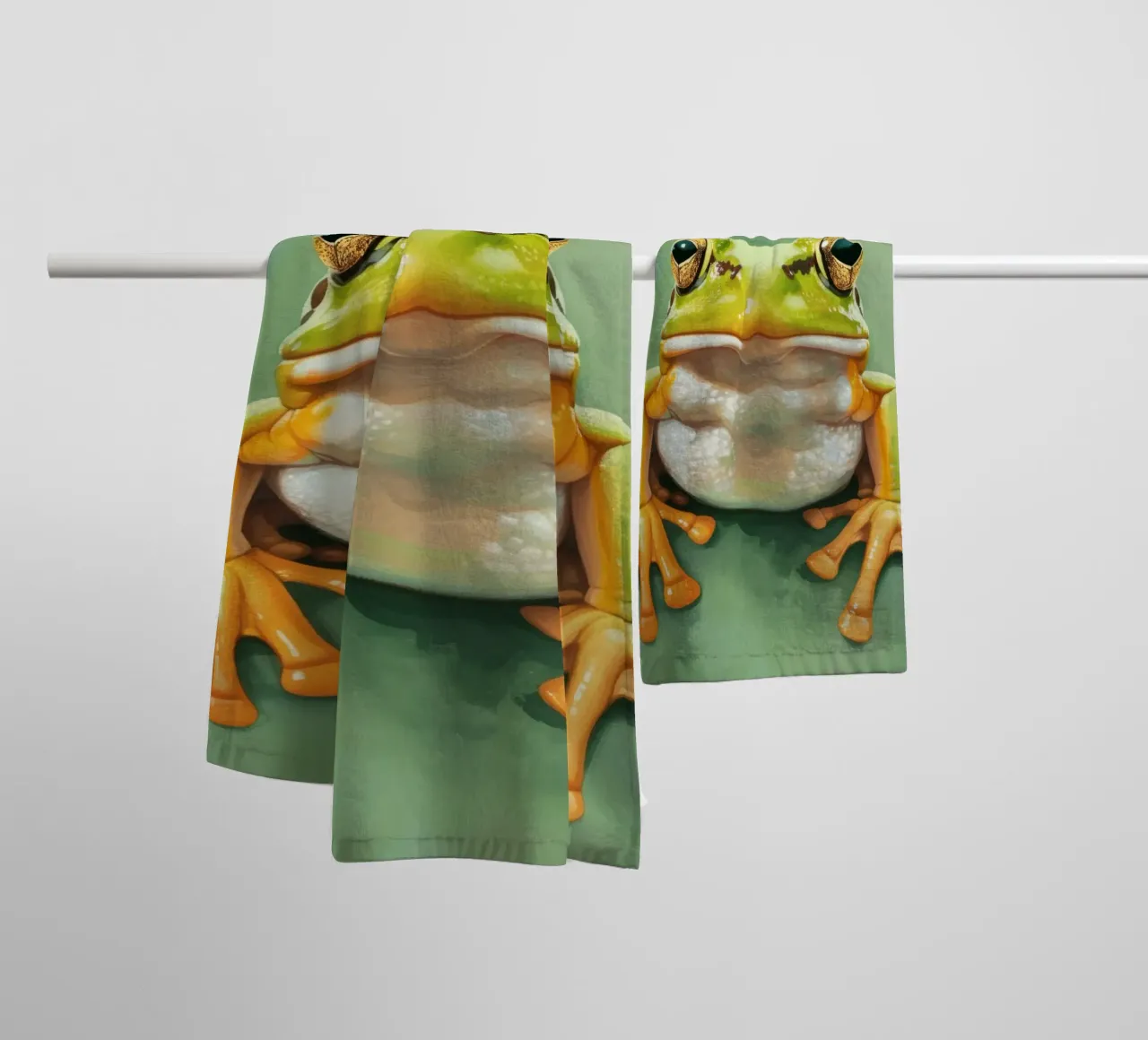 Green frog sitting on a smooth surface with striking eyes towel by DesignDoodle