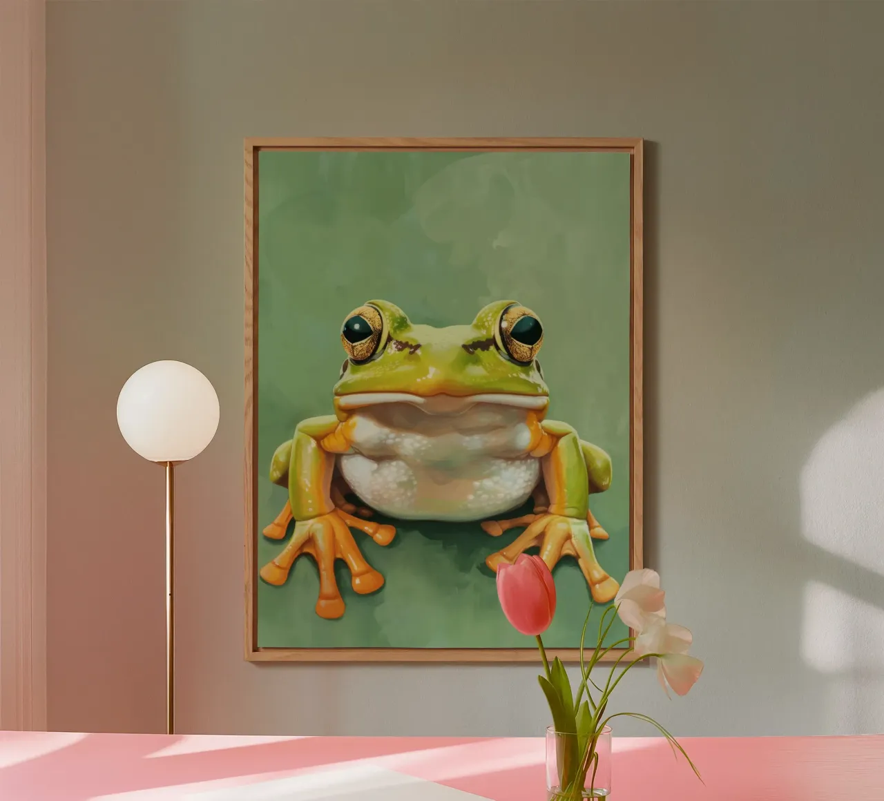 Grenouille verte assise sur une surface lisse, avec des yeux frappants panneau forex de DesignDoodle