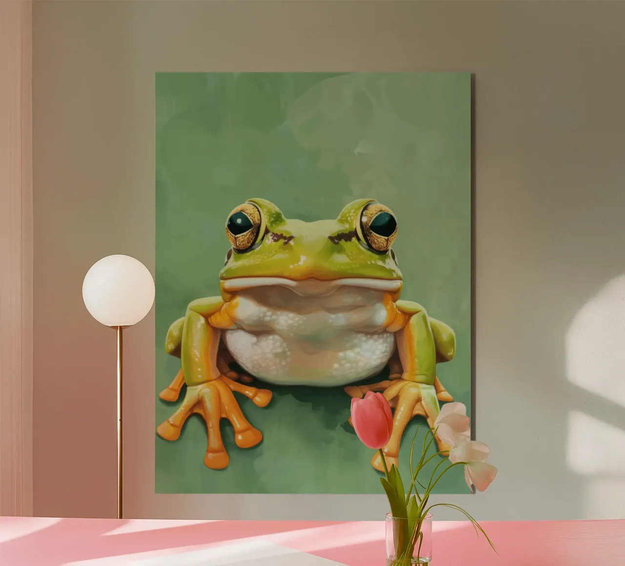 Grenouille verte assise sur une surface lisse, avec des yeux frappants panneau forex de DesignDoodle