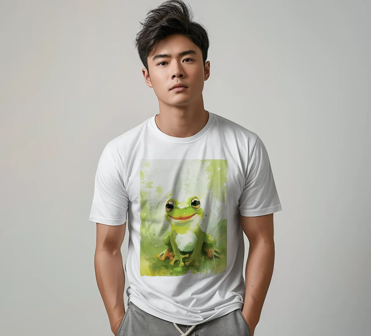 Rana verde seduta sull'erba con espressione allegra t-shirt da DesignDoodle