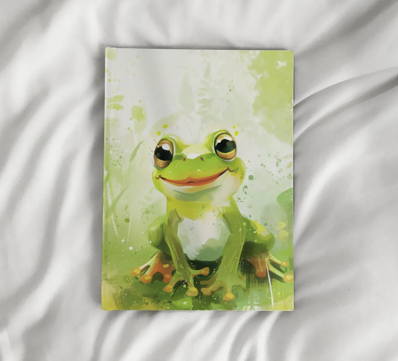 Green frog sitting on grass with a cheerful expression notebook by DesignDoodle
