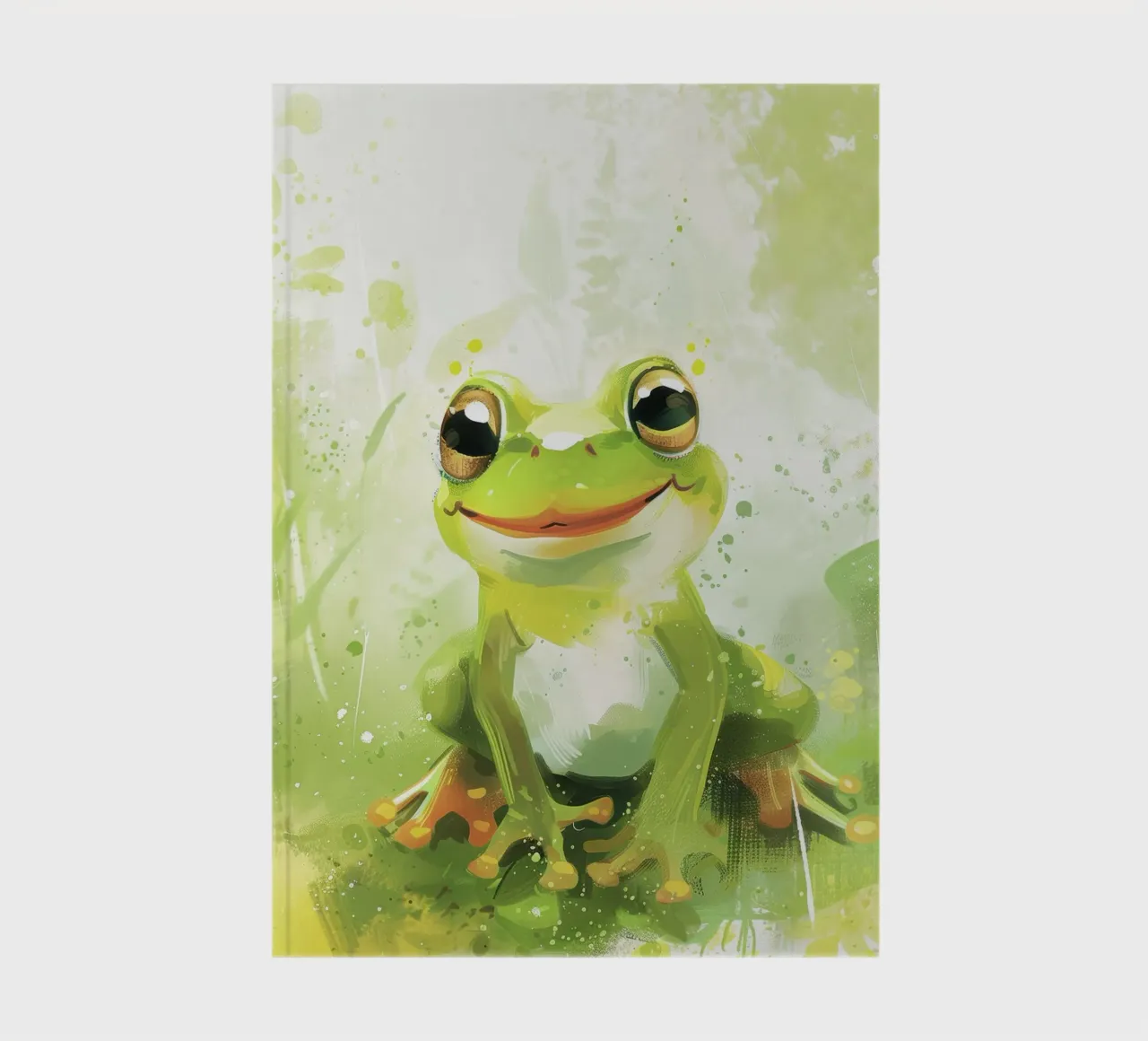 Green frog sitting on grass with a cheerful expression notebook by DesignDoodle
