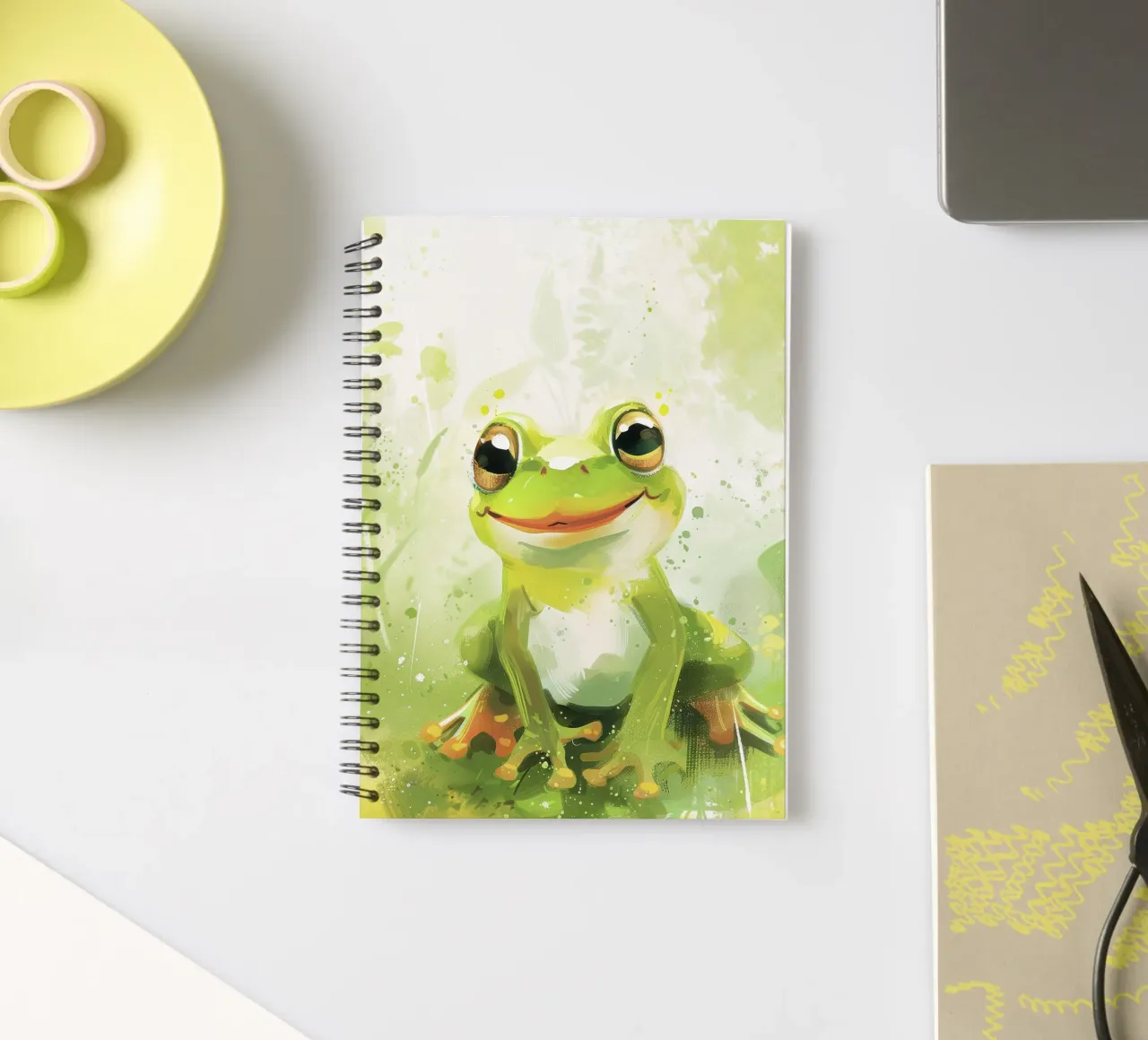 Green frog sitting on grass with a cheerful expression spiral notebook by DesignDoodle