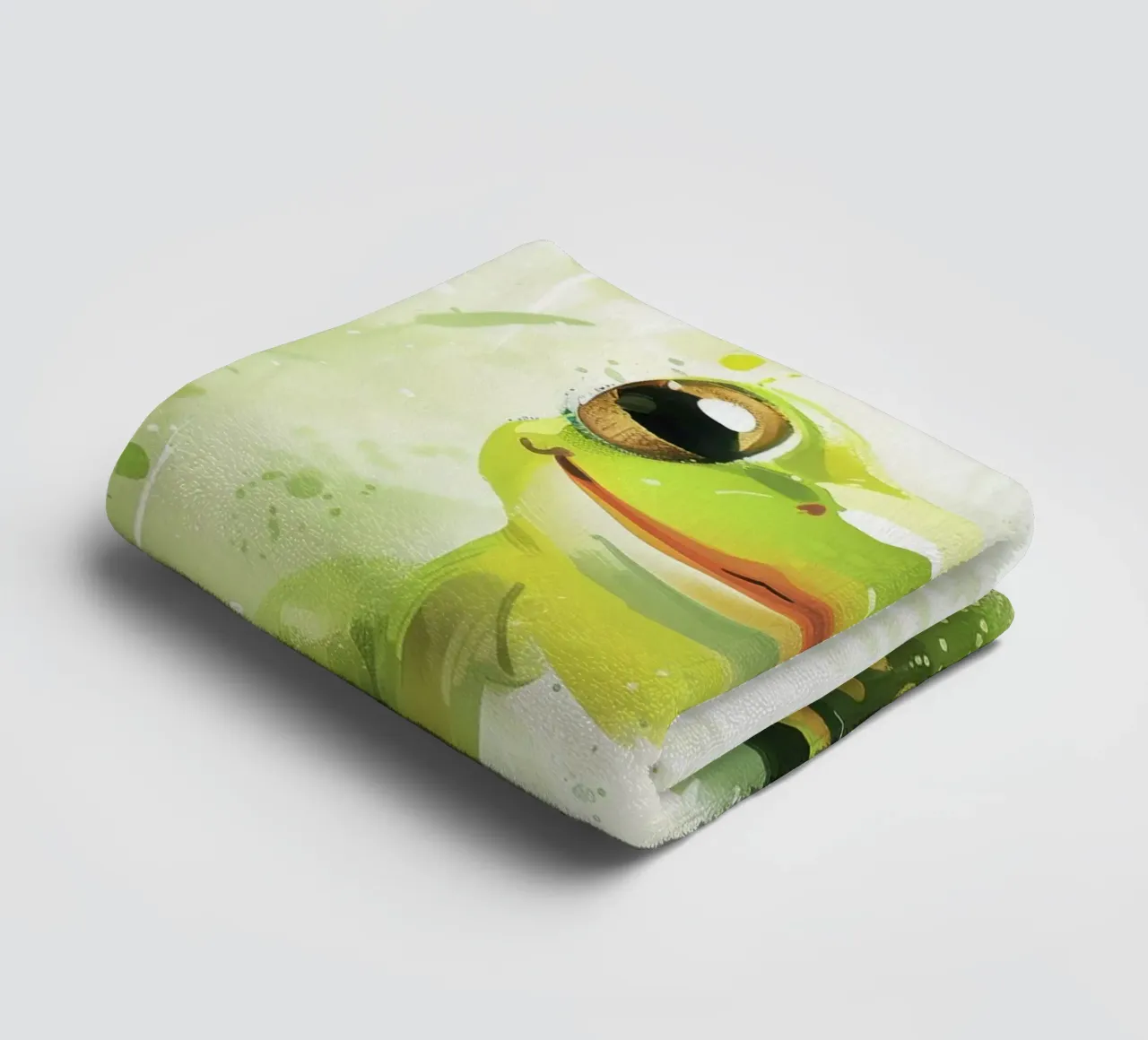 Green frog sitting on grass with a cheerful expression towel by DesignDoodle