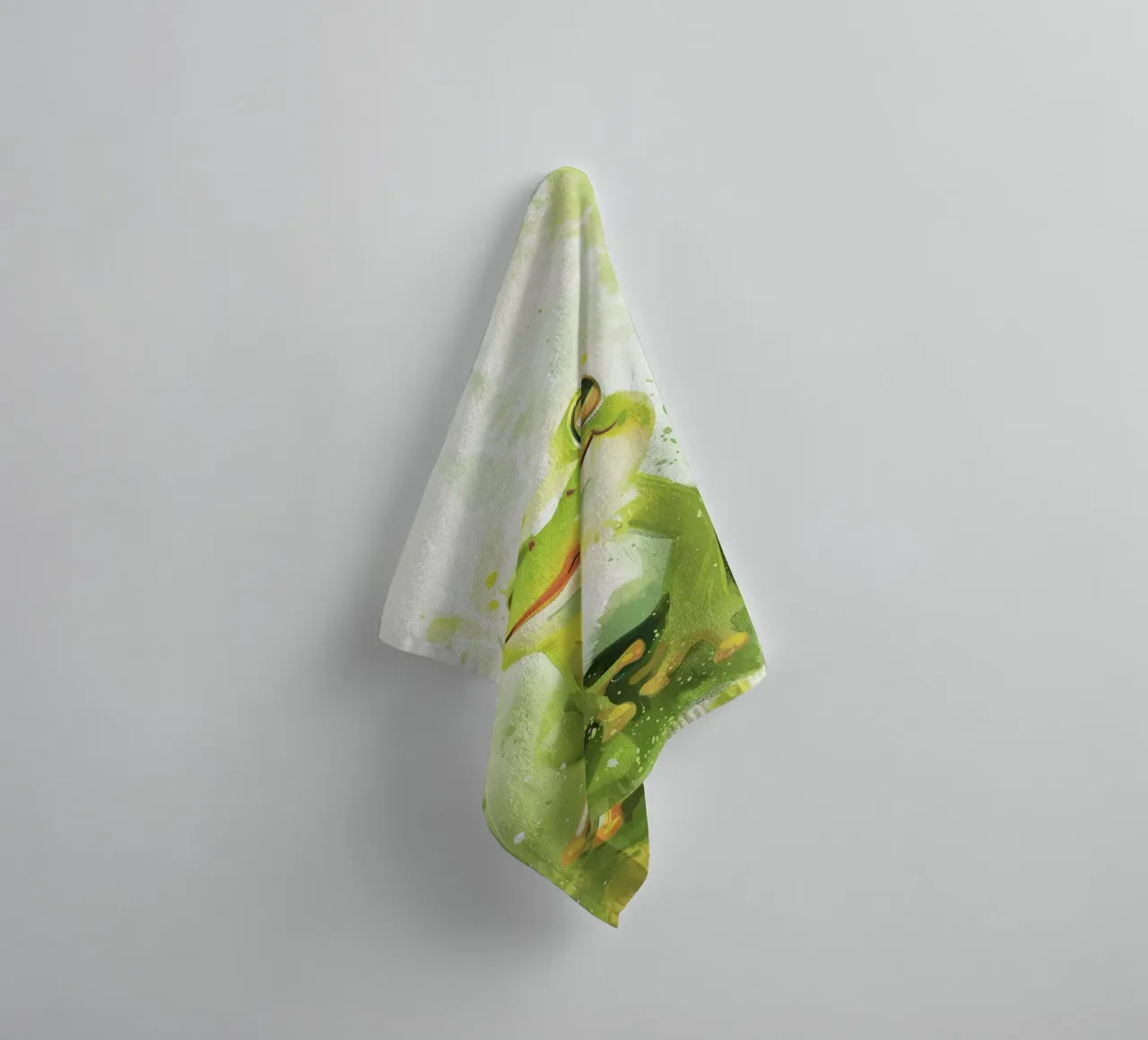 Green frog sitting on grass with a cheerful expression towel by DesignDoodle