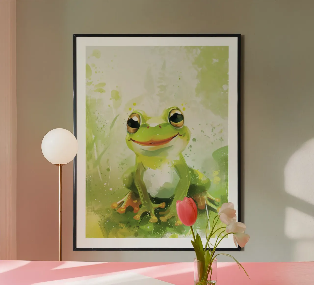 Rana verde seduta sull'erba con espressione allegra poster con telaio in legno da DesignDoodle