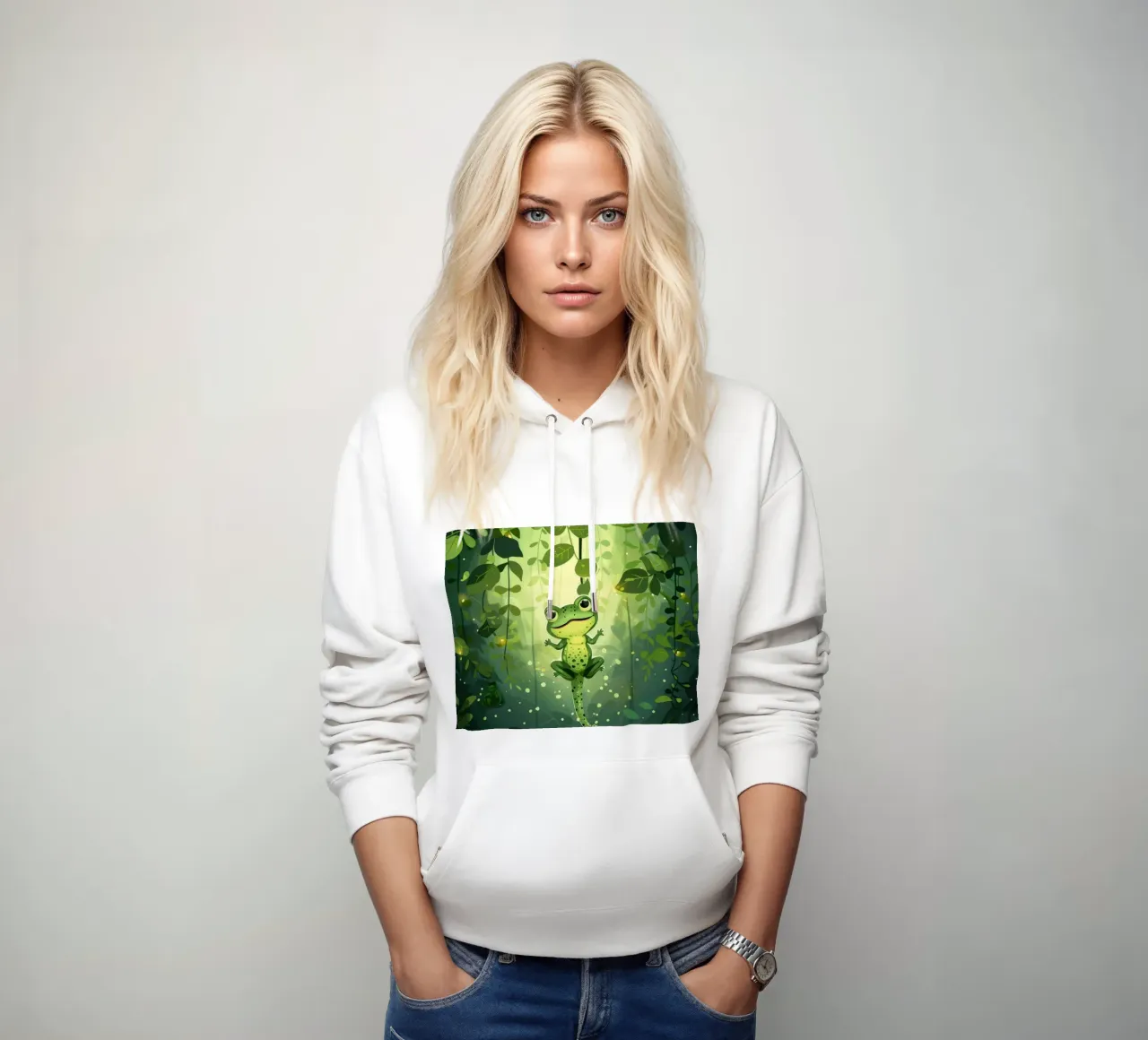 Rana in un ambiente lussureggiante di foresta pluviale con luce che filtra felpa con cappuccio da DesignDoodle