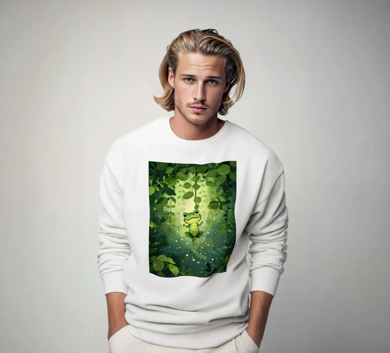 Frog in lush rainforest setting with light filtering through sweatshirt by DesignDoodle