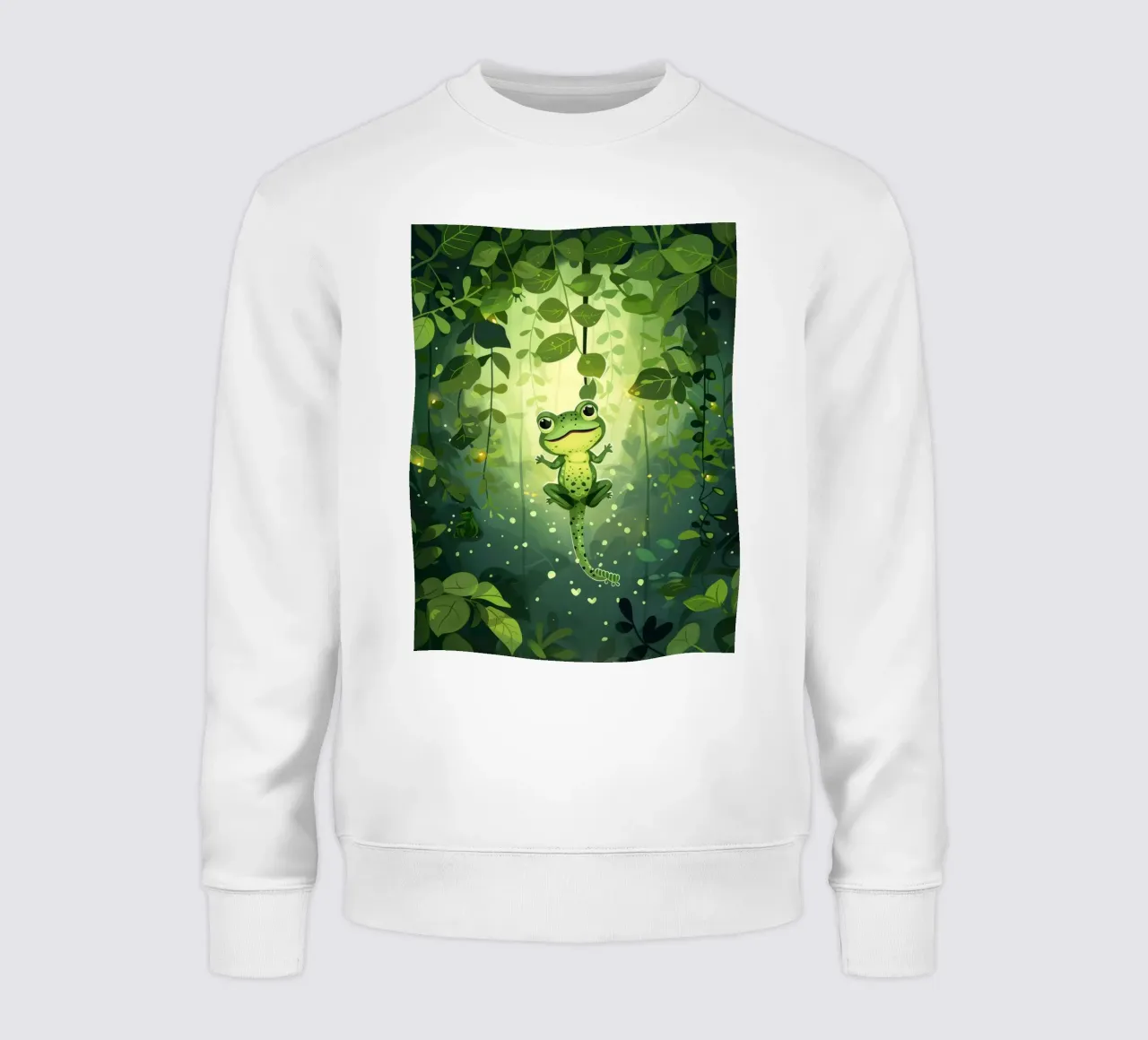 Frog in lush rainforest setting with light filtering through sweatshirt by DesignDoodle
