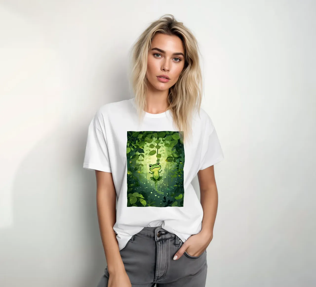 Frog in lush rainforest setting with light filtering through t-shirt by DesignDoodle