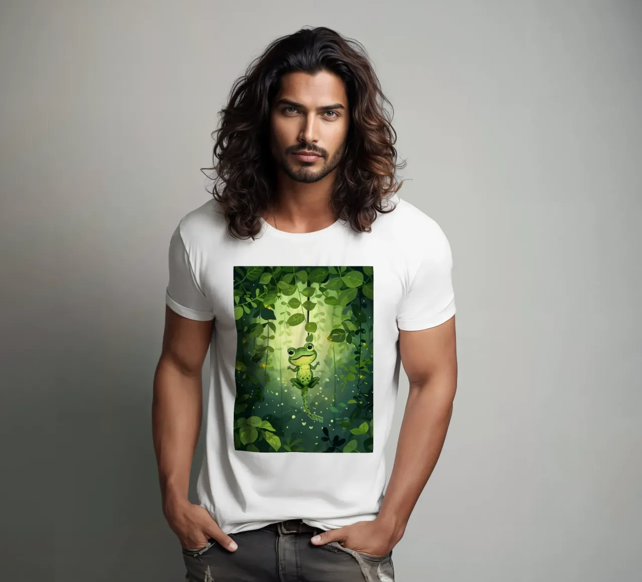 Frog in lush rainforest setting with light filtering through t-shirt by DesignDoodle