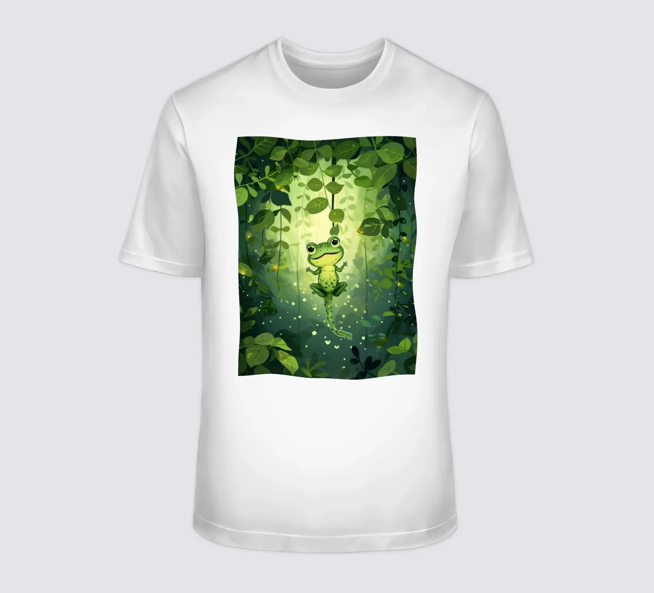 Frog in lush rainforest setting with light filtering through t-shirt by DesignDoodle