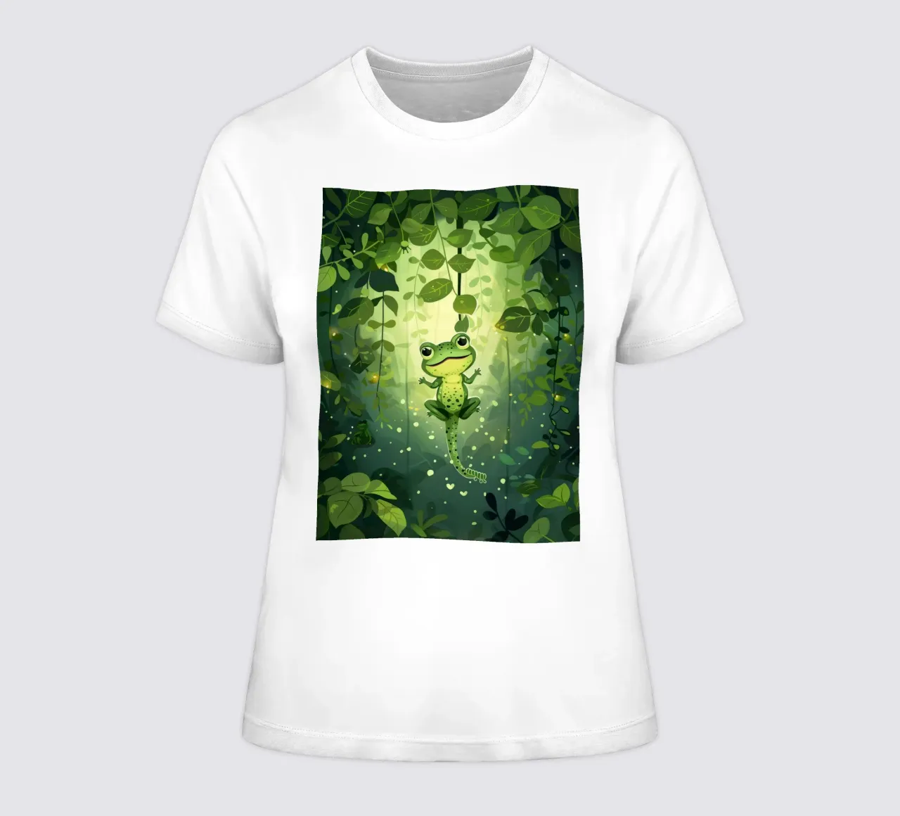 Frog in lush rainforest setting with light filtering through women's fitted t-shirt by DesignDoodle