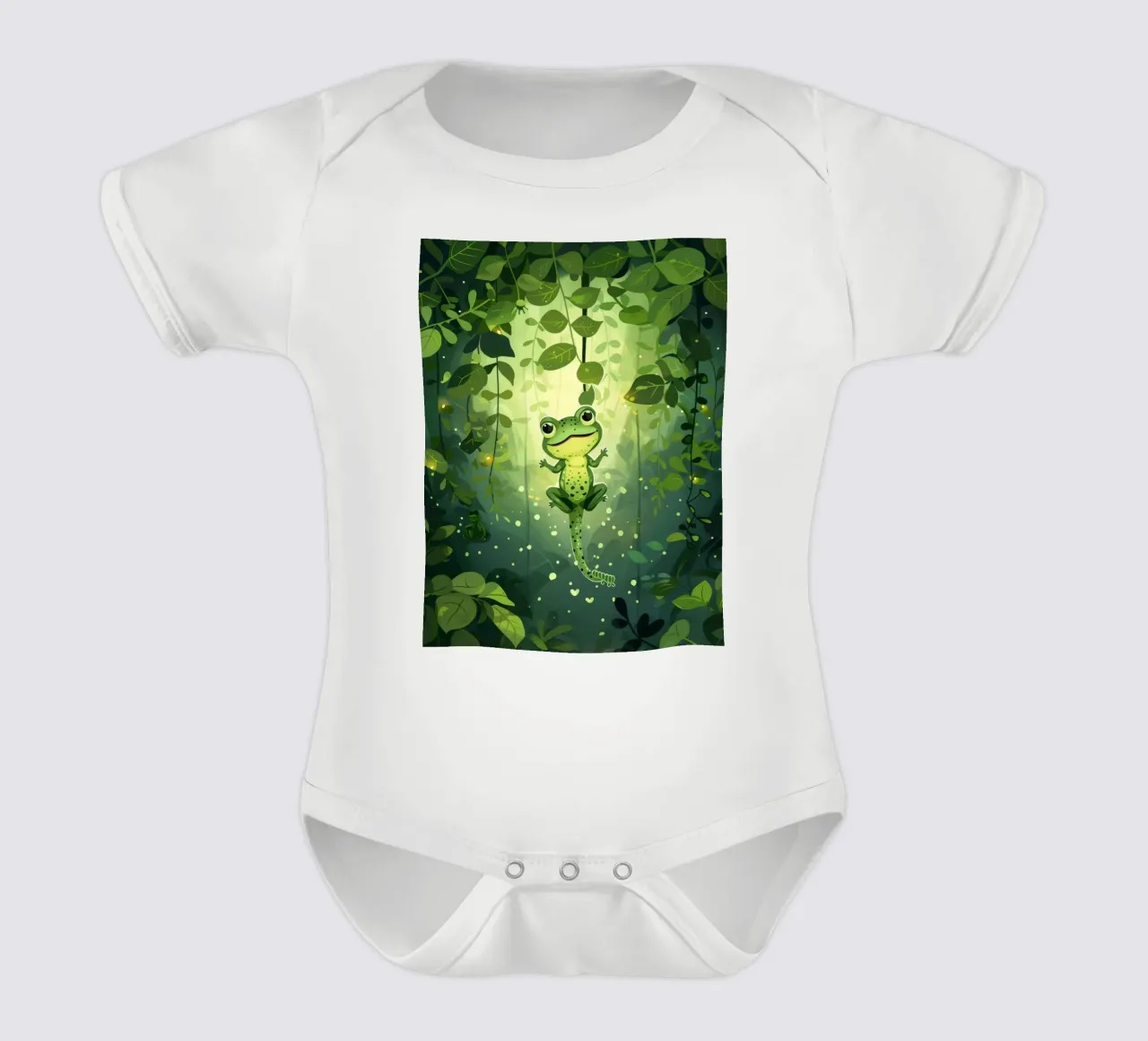 Frog in lush rainforest setting with light filtering through short-sleeve baby romper by DesignDoodle