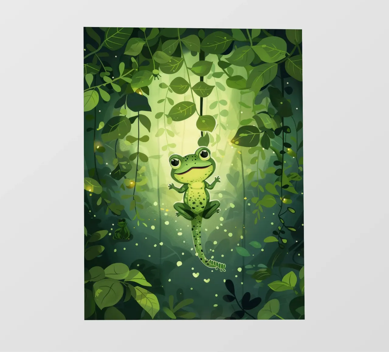 Rana in un ambiente lussureggiante di foresta pluviale con luce che filtra pellicola backlit da DesignDoodle