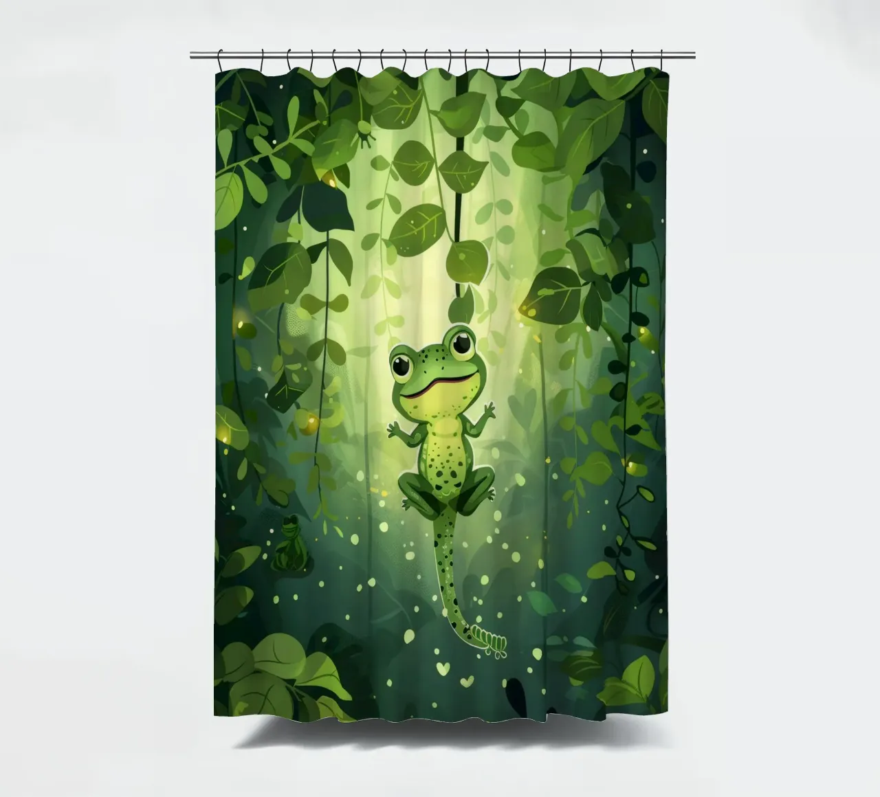 Frog in lush rainforest setting with light filtering through shower curtain by DesignDoodle