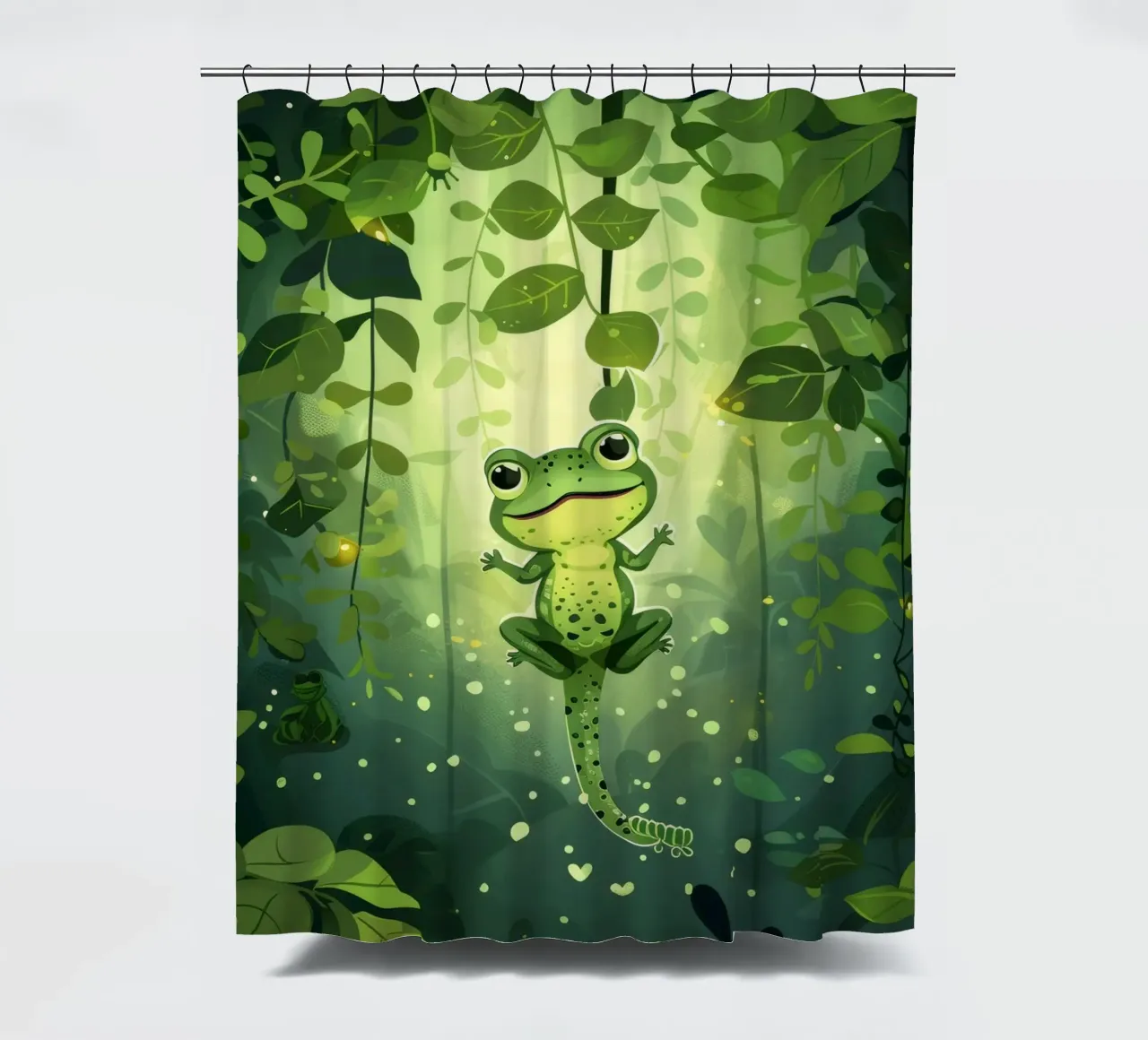 Frog in lush rainforest setting with light filtering through shower curtain by DesignDoodle