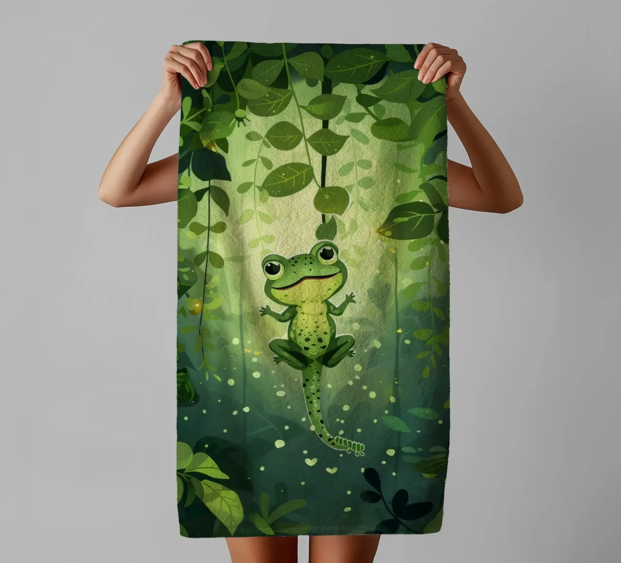Frog in lush rainforest setting with light filtering through towel by DesignDoodle