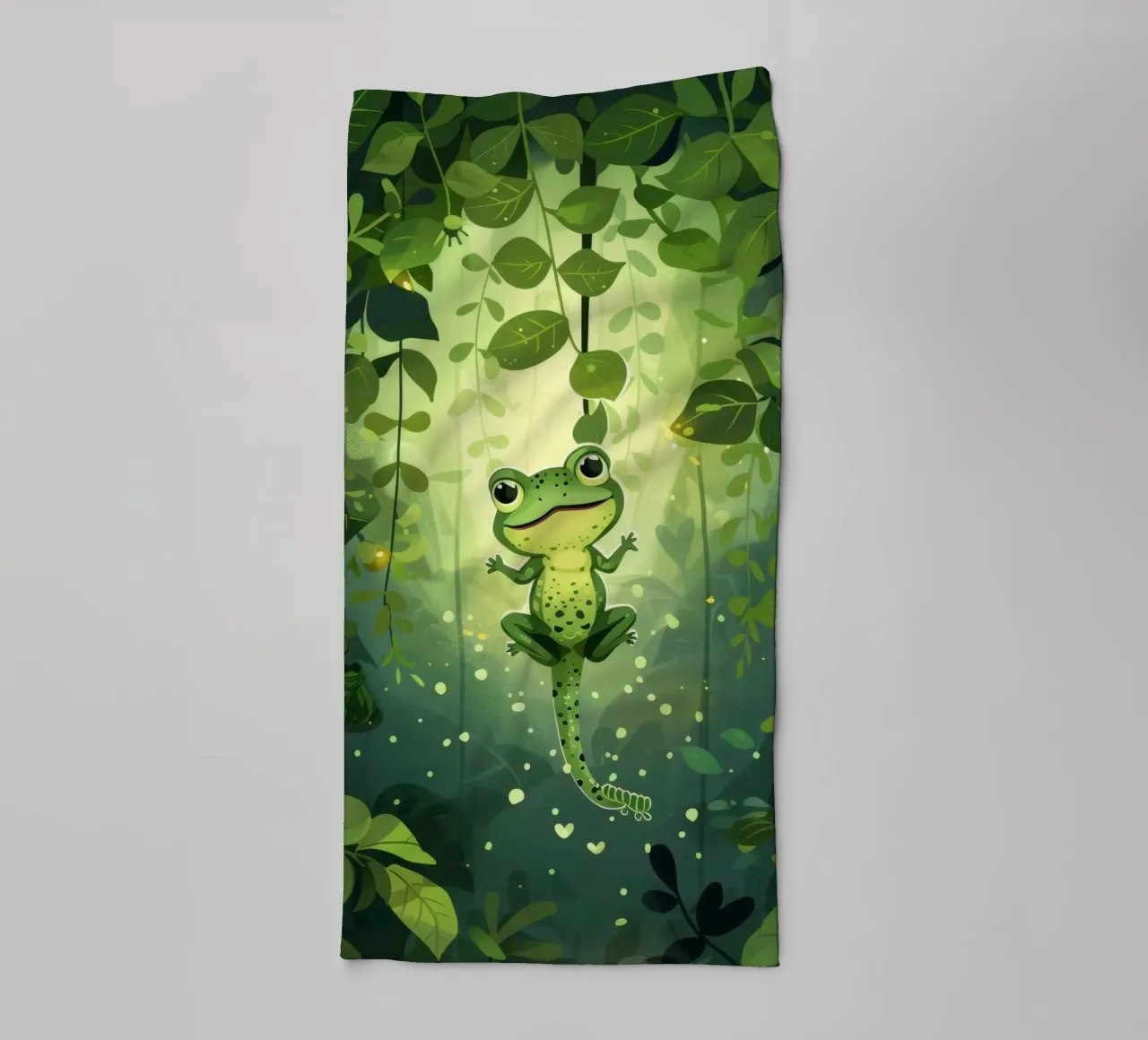 Frog in lush rainforest setting with light filtering through towel by DesignDoodle