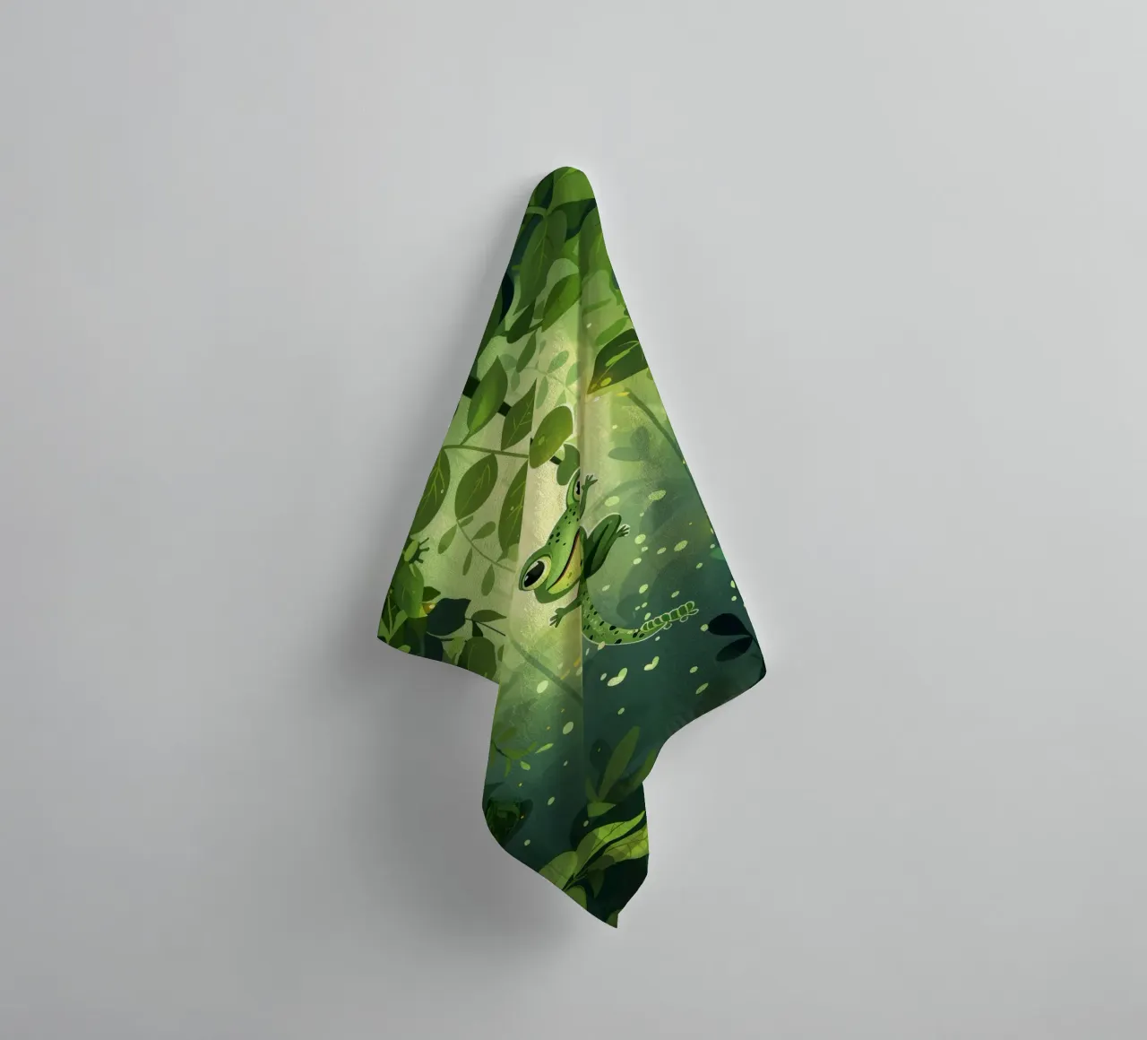 Frog in lush rainforest setting with light filtering through towel by DesignDoodle