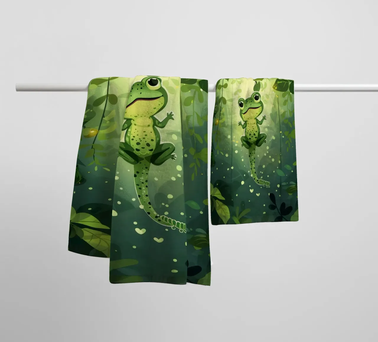 Frog in lush rainforest setting with light filtering through towel by DesignDoodle