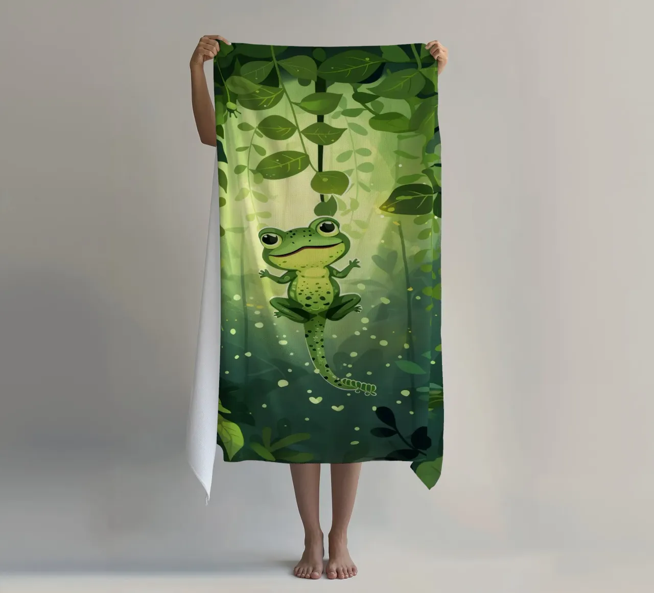 Frog in lush rainforest setting with light filtering through beach towel by DesignDoodle