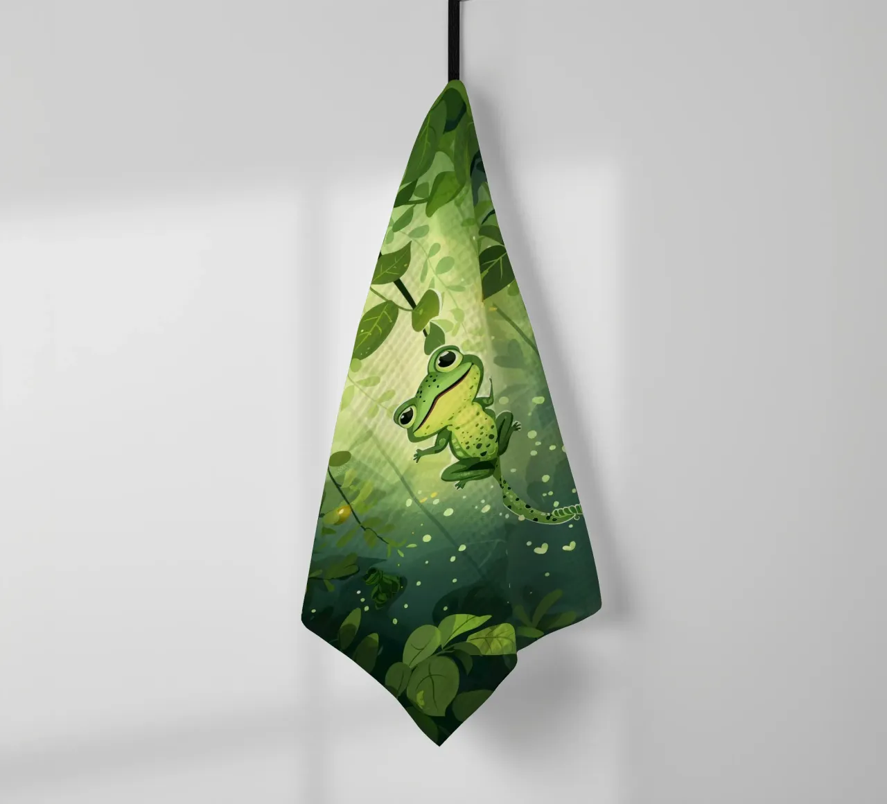 Frog in lush rainforest setting with light filtering through tea towel by DesignDoodle