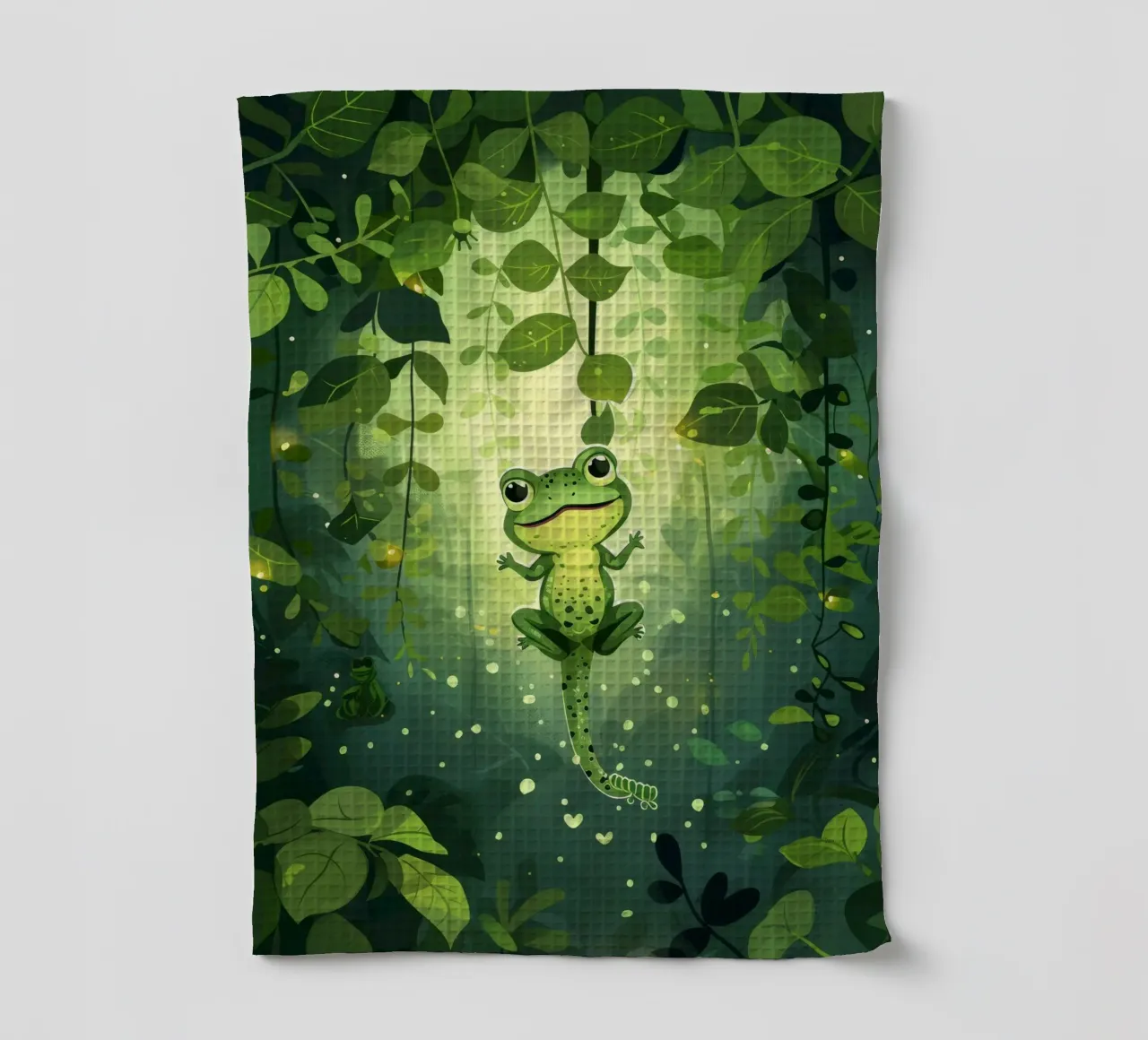 Frog in lush rainforest setting with light filtering through tea towel by DesignDoodle