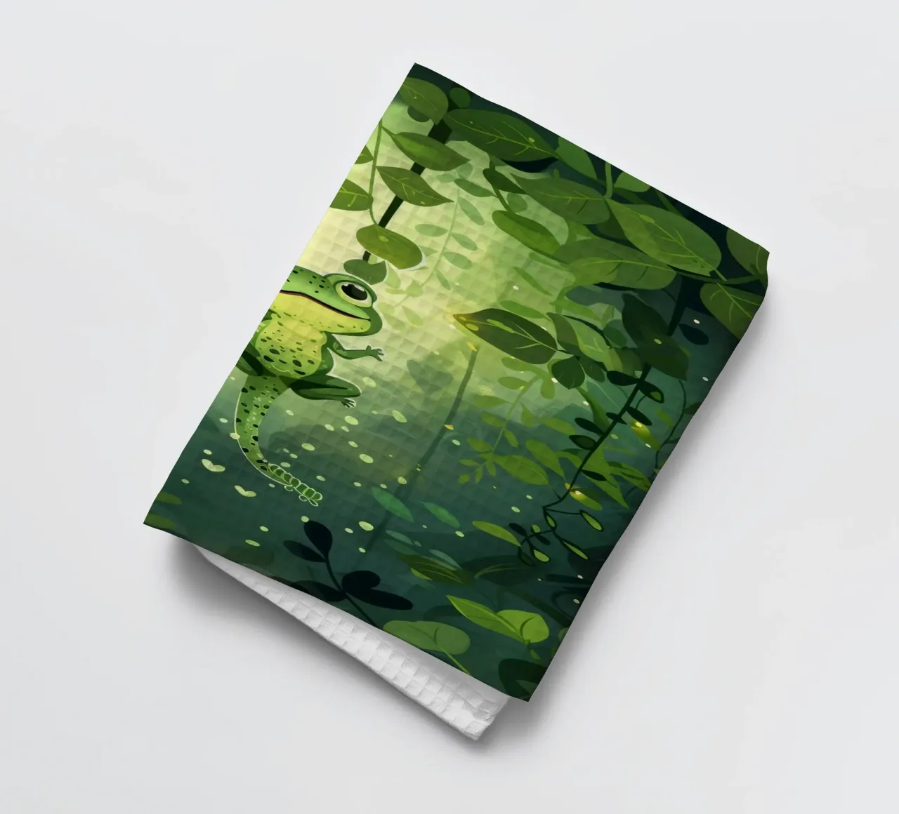 Frog in lush rainforest setting with light filtering through tea towel by DesignDoodle