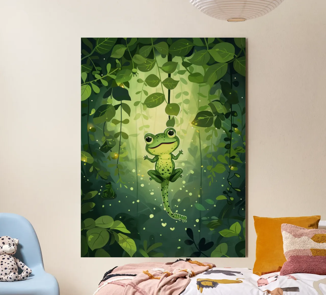 Frog in lush rainforest setting with light filtering through alu-dibond by DesignDoodle