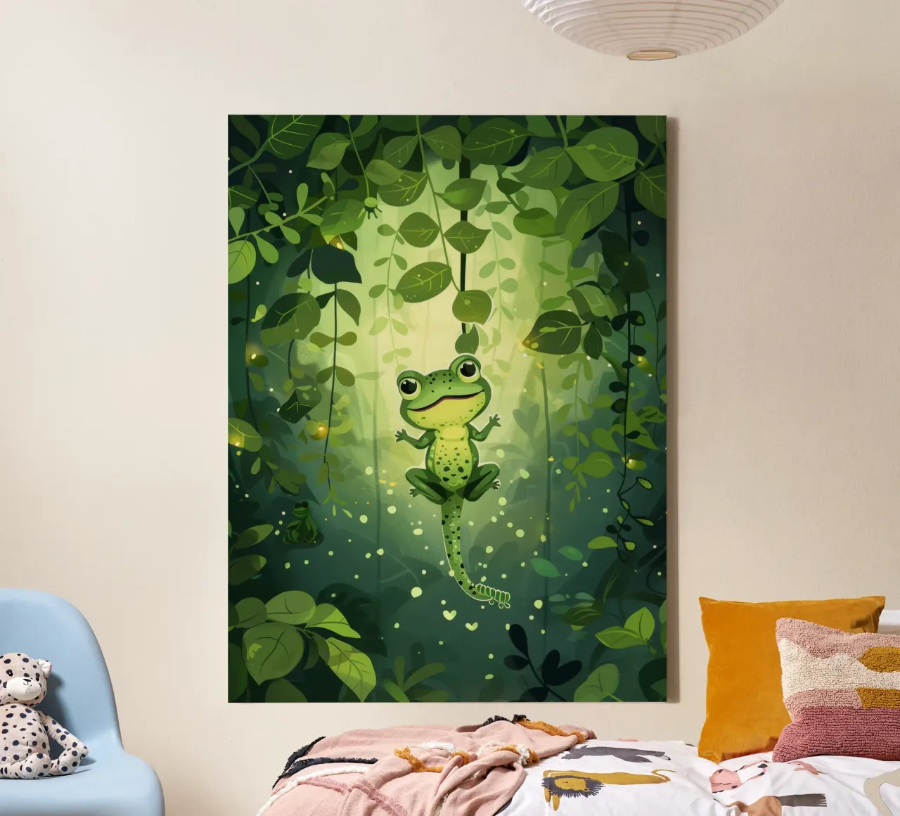 Frog in lush rainforest setting with light filtering through canvas by DesignDoodle