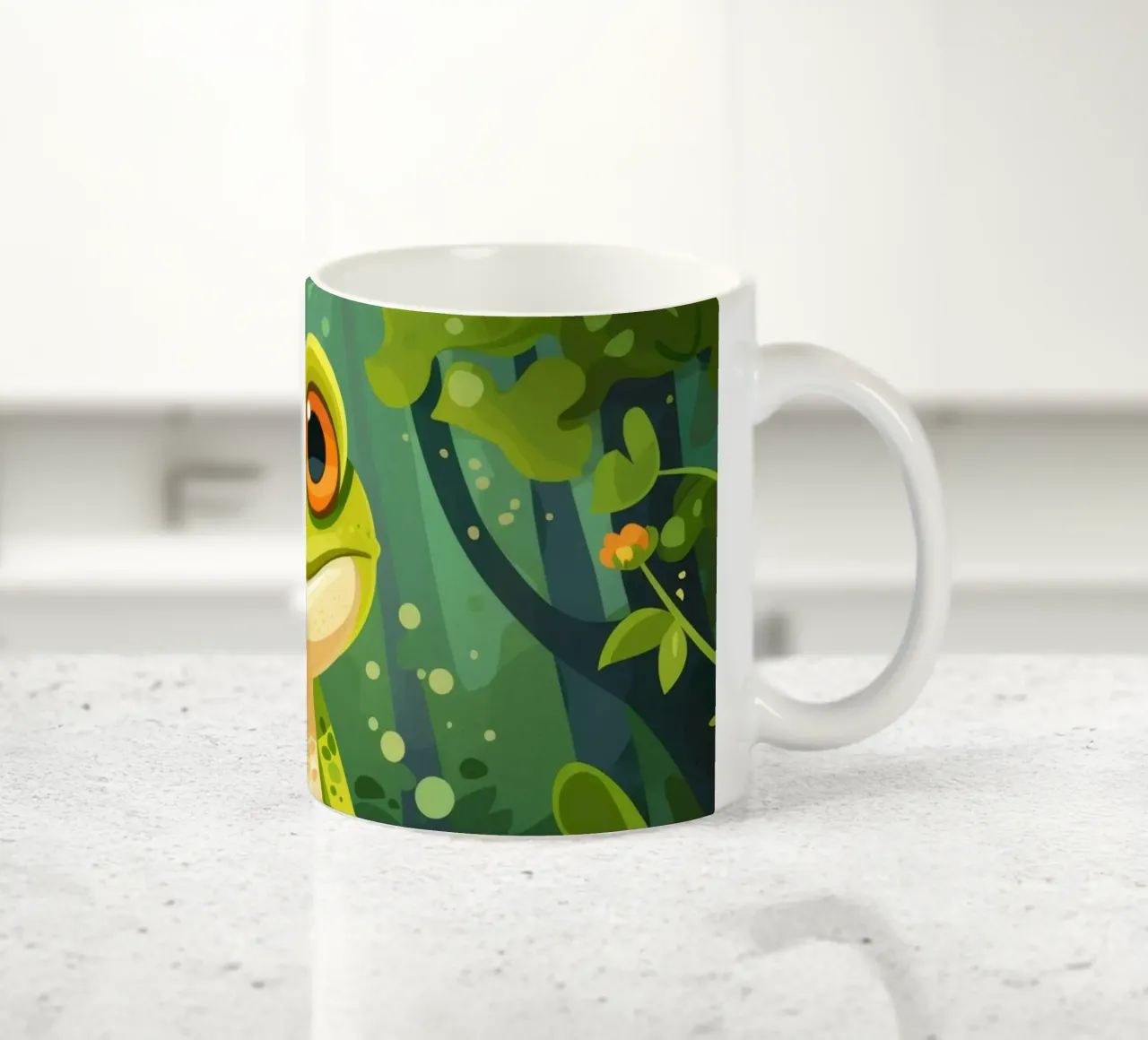 Rana verde brillante appollaiata su un ceppo d'albero circondato da un rigoglioso tazza in ceramica da DesignDoodle