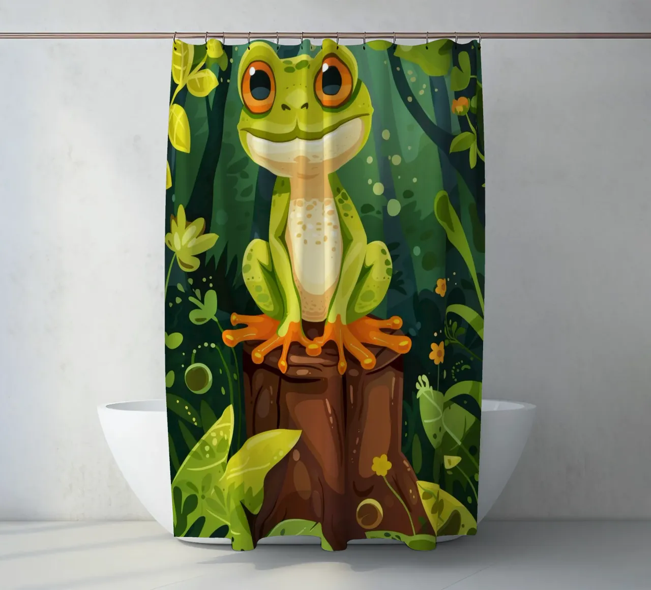 Hellgrüner Frosch auf einem Baumstumpf, umgeben von üppigen Duschvorhang von DesignDoodle