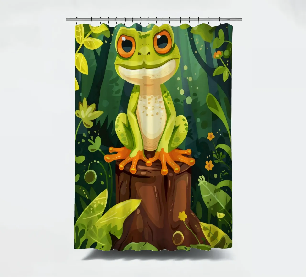 Hellgrüner Frosch auf einem Baumstumpf, umgeben von üppigen Duschvorhang von DesignDoodle