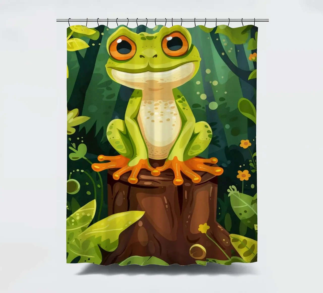 Hellgrüner Frosch auf einem Baumstumpf, umgeben von üppigen Duschvorhang von DesignDoodle