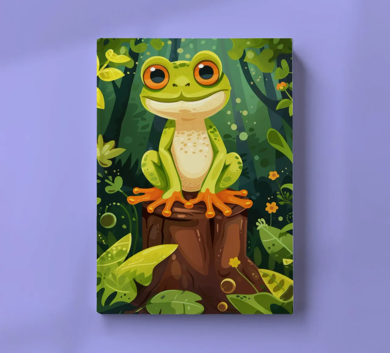 Grenouille vert vif perchée sur une souche d'arbre entourée d'une végétation luxuriante. carnet de notes de DesignDoodle