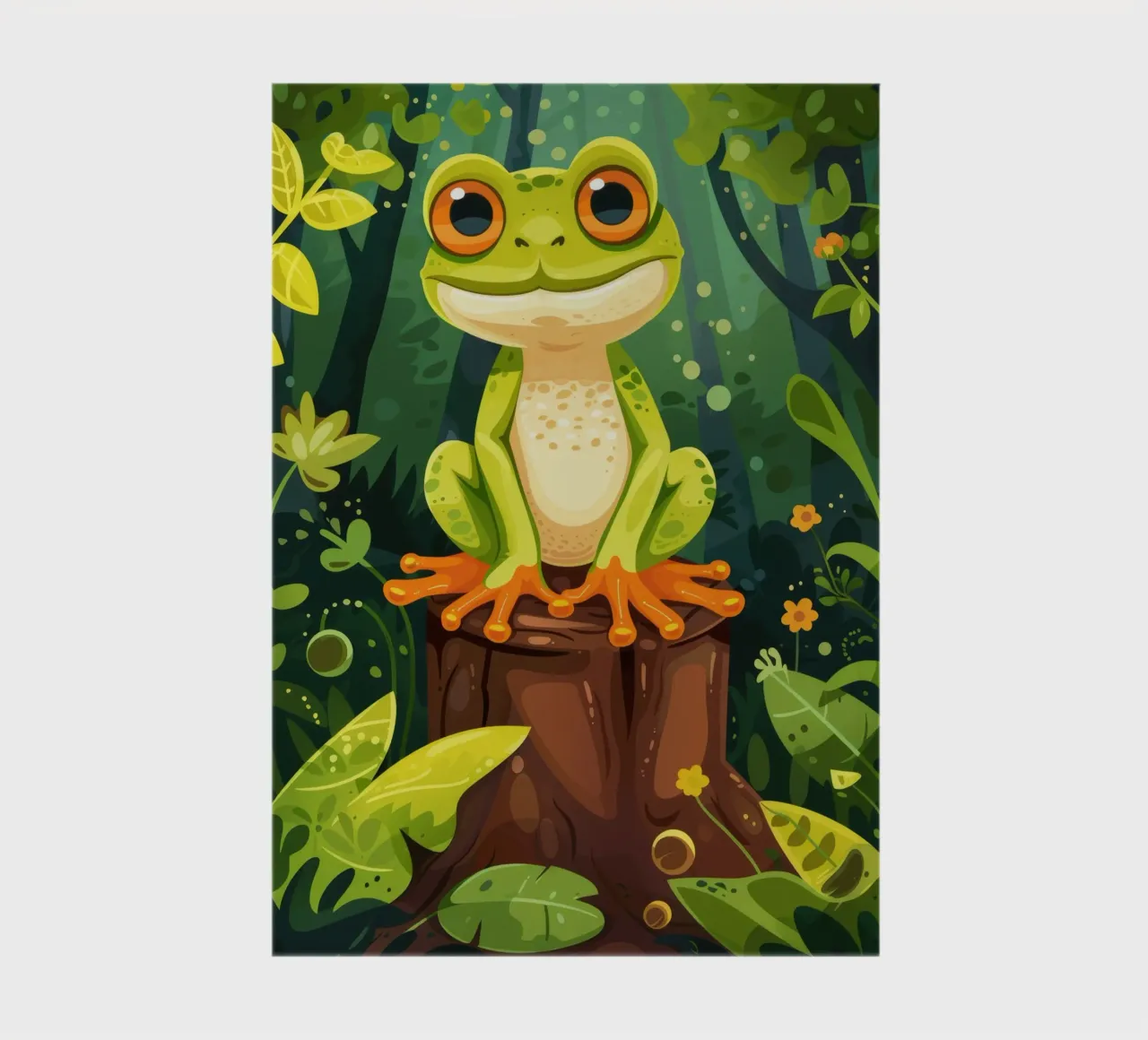 Grenouille vert vif perchée sur une souche d'arbre entourée d'une végétation luxuriante. carnet de notes de DesignDoodle