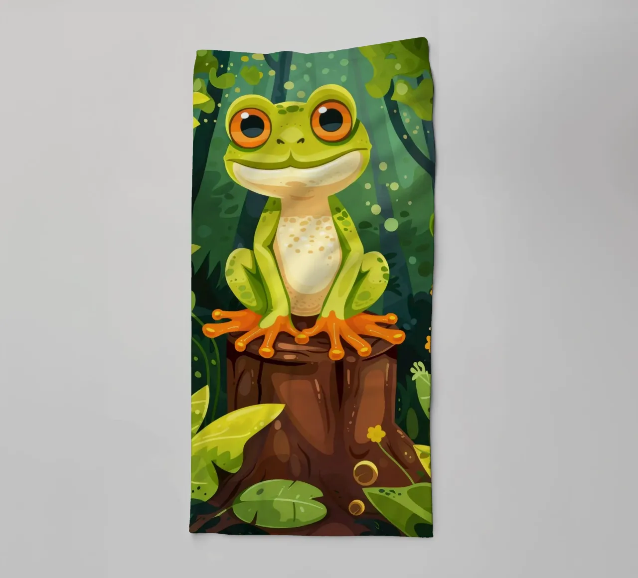 Grenouille vert vif perchée sur une souche d'arbre entourée d'une végétation luxuriante. serviette de bain de DesignDoodle