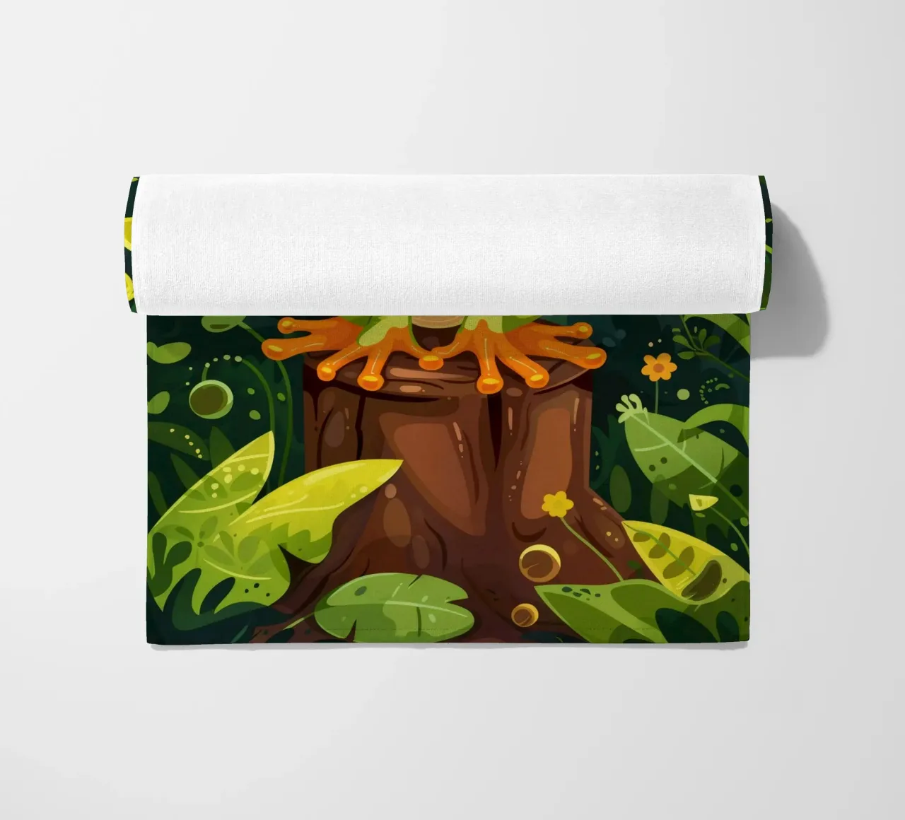 Rana verde brillante appollaiata su un ceppo d'albero circondato da un rigoglioso telo mare da DesignDoodle