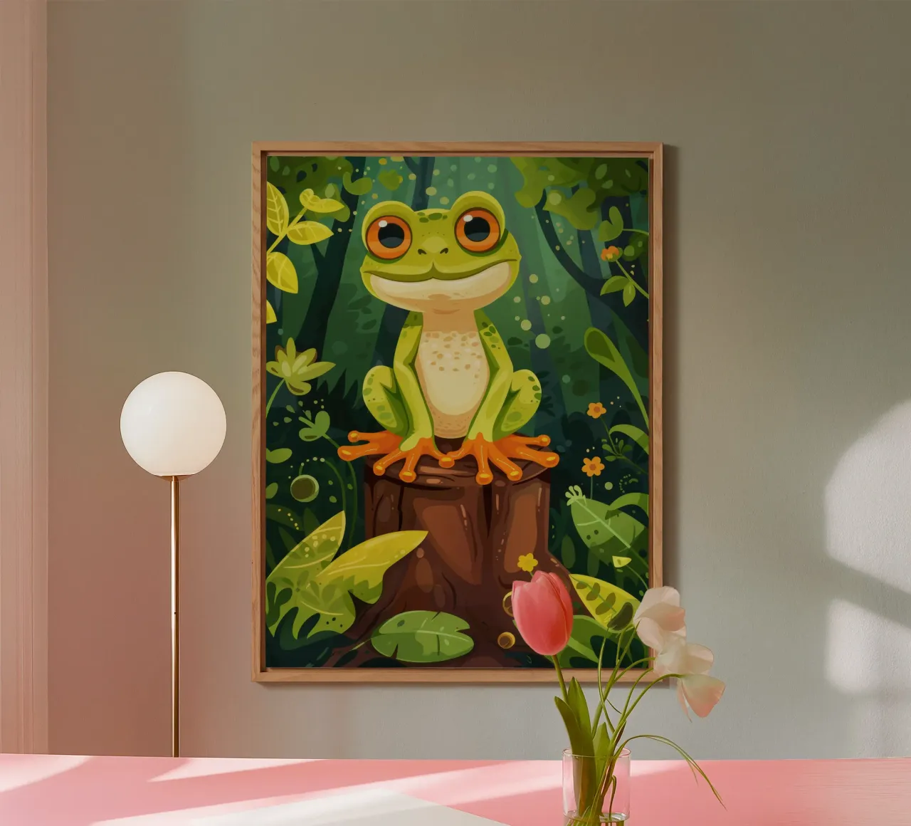 Grenouille vert vif perchée sur une souche d'arbre entourée d'une végétation luxuriante. alu dibond de DesignDoodle