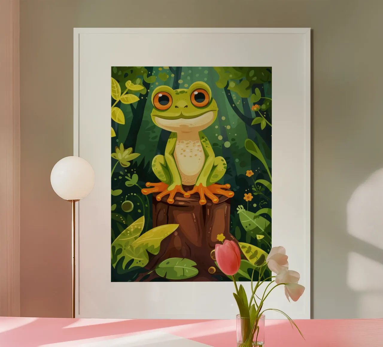 Grenouille vert vif perchée sur une souche d'arbre entourée d'une végétation luxuriante. poster avec cadre en aluminium de DesignDoodle