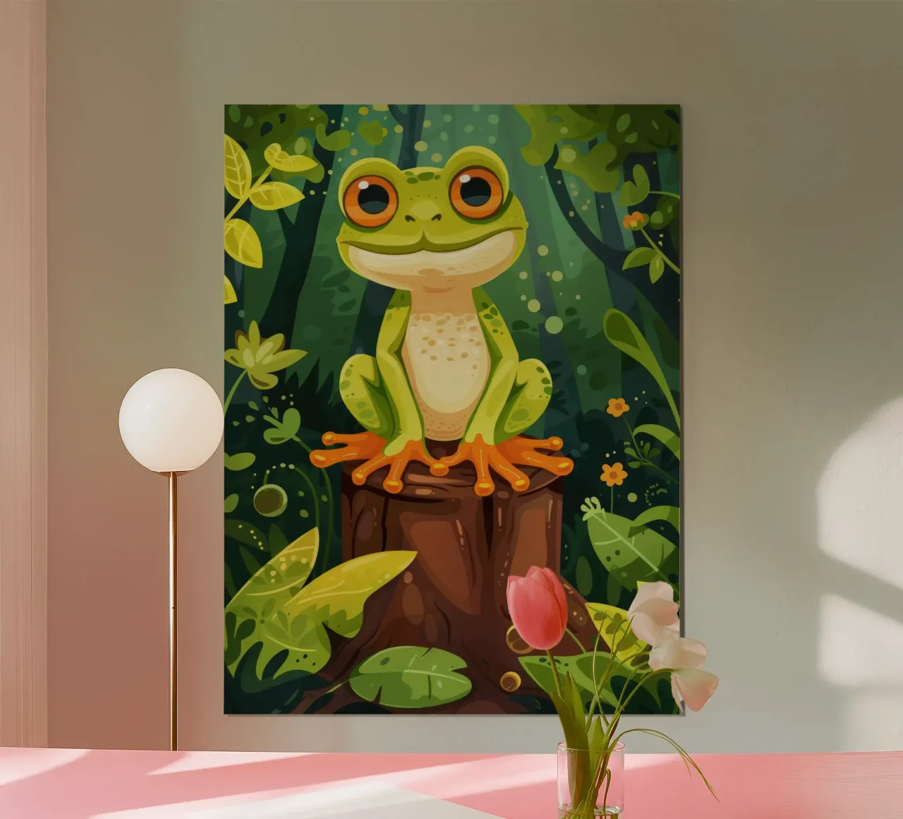 Grenouille vert vif perchée sur une souche d'arbre entourée d'une végétation luxuriante. poster avec cadre en aluminium de DesignDoodle